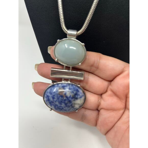 C 1946 Silver Tone with Green and Blue Stone Necklace - Picture 3 of 10